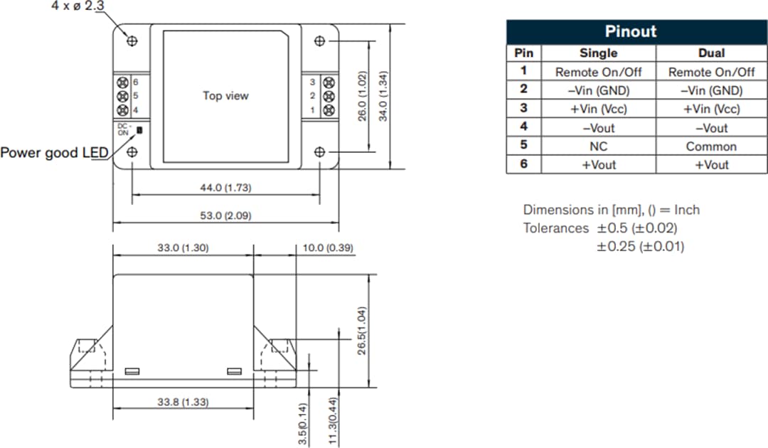 Mechanical Drawing - TRACO Power TMDC 6W & 10W  Chassis-Mount  DC/DC Converters